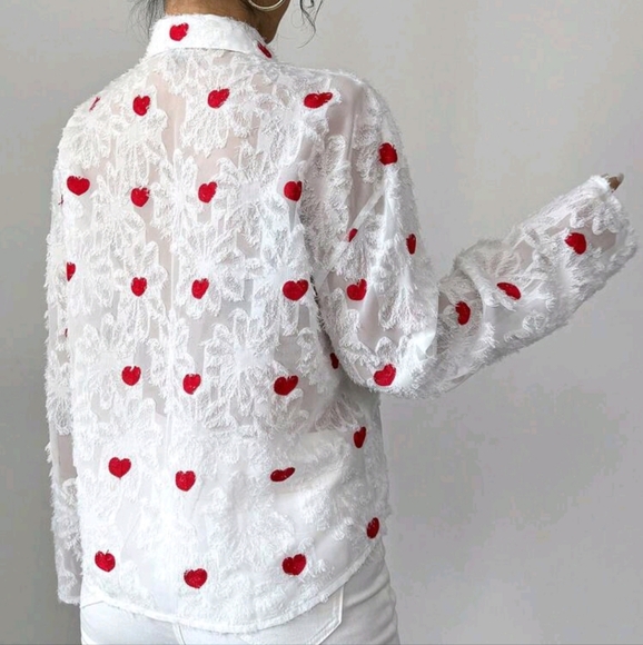 Valentine's Day Heart Cutout Tie Front Women Blouse, Red - Picture 2 of 4